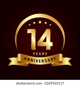 14th Anniversary logo design with golden ribbon. Logo Vector Template Illustration