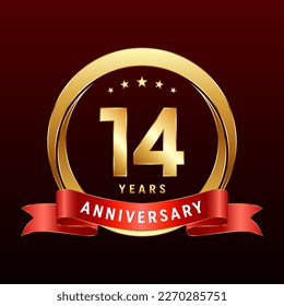 14th Anniversary logo design with golden ring and red ribbon. Logo Vector Template Illustration