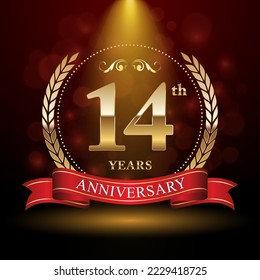 14th Anniversary. Anniversary logo design with Laurel wreath and red ribbon for celebration event, wedding, invitation, greeting card. Vector illustration