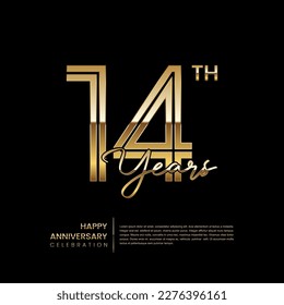 14th anniversary logo with double line style. Gold line art design. Logo Vector Template