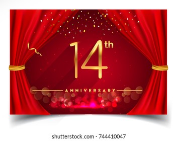 14th Anniversary Logo with Glowing Golden Colors Isolated on Realistic Red Curtain, Vector Design for Greeting Card, Poster and Invitation Card