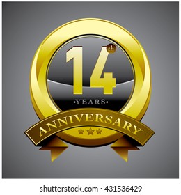 14th anniversary logo with gold ribbon. Anniversary signs illustration. Silver anniversary logo with gold ribbon and circle ring