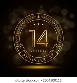 14th anniversary logo with golden laurel wreath and double line numbers, template design for anniversary celebration event, double line style vector design