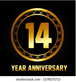 14th anniversary logo with golden ring, vector design for greeting card and invitation card