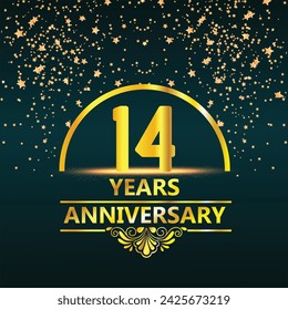 Logotipo del 14to aniversario con el anillo dorado, confeti y cinta roja aislados en el fondo negro elegante, chispa, diseño del vector para la tarjeta de felicitación y la tarjeta de invitación