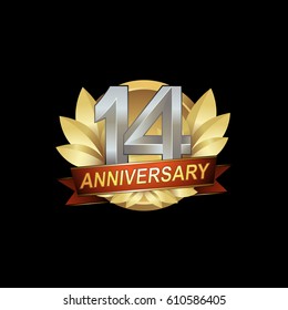 14th Anniversary logo with golden wreath, silver number, red ribbon, black background