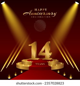 14th anniversary logo with numbers and podium in gold color, logo design for celebration event, invitation, greeting card, banner, poster, and flyer, vector template