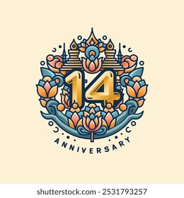 A 14th anniversary logo on a cream and brown pastel background, with a golden '14' surrounded by lotus flowers and Thai stupas. Soft orange, teal, and gold blend to reflect elegance and culture.