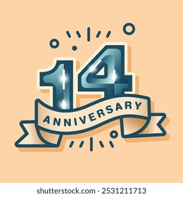 A 14th anniversary logo on a cream-brown pastel background, designed in a flat style. The celebration features the number with a matching tone vector ribbon and simple background design elements.