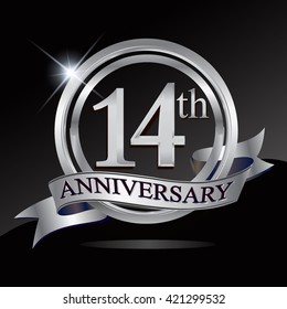 14th anniversary logo with silver ring and ribbon. Vector design template elements for your birthday celebration.