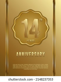14th anniversary logotype. Anniversary celebration template design with golden ring for booklet, leaflet, magazine, brochure poster, banner, web, invitation or greeting card. Vector illustrations.