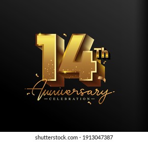 14th Anniversary Logotype with Gold Confetti Isolated on Black Background, Vector Design for Greeting Card and Invitation Card