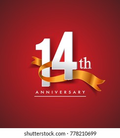 14th anniversary logotype with golden ribbon isolated on red elegance background, vector design for birthday celebration, greeting card and invitation card.