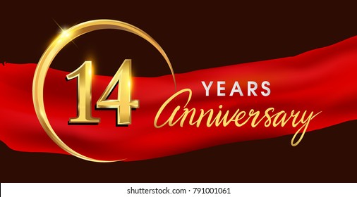 14th anniversary logotype with golden ring isolated on red ribbon elegant background, vector design for birthday celebration, greeting card and invitation card.