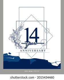 14th Anniversary logotype with hand drawn background blue color for celebration event, wedding, greeting card, and invitation.
