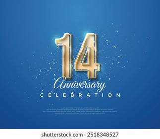 14º aniversário com um design luxuoso entre ouro e azul. Vetor premium para cartaz, banner, saudação de celebração.