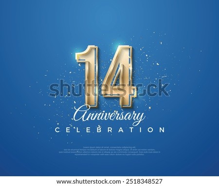 14th anniversary with a luxurious design between gold and blue. Premium vector for poster, banner, celebration greeting.