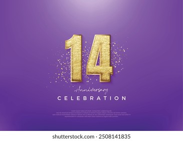 Número del 14º aniversario, con brillante número de brillo dorado. Fondo de Vector de Premium para saludo y celebración.