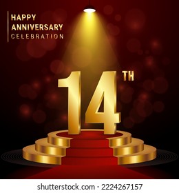 14° Aniversario. Diseño perfecto de plantillas con podio dorado para eventos de celebración, bodas, tarjetas de felicitación y tarjetas de invitación. Ilustración del vector