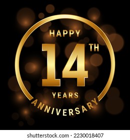 14th Anniversary. Anniversary template design with gold ring for celebration event, wedding, invitation and greeting card. Vector illustration