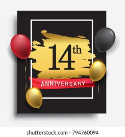 14th anniversary template design on golden brush background and balloon, vector design for greeting card and invitation card, Birthday celebration