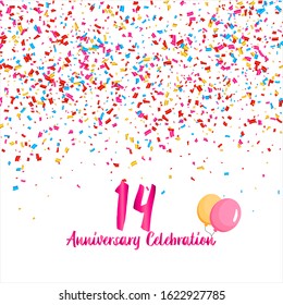 14th anniversary vector background, white background with three colors ornament and pink font, editable vector eps 10