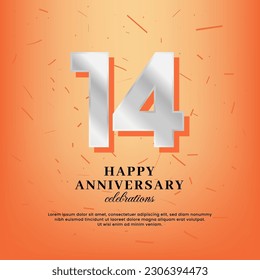 Plantilla vectorial de 14º aniversario con un número blanco y confetti esparcidos en un fondo naranja