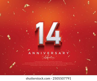 14th Anniversary. with white 3d numbers on fancy red background. Premium vector background for greeting and celebration.