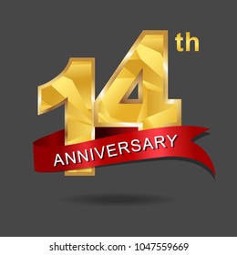 14th anniversary years celebration logotype. Logo gold numbers and ribbon gray background. 