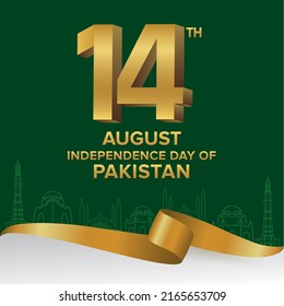 14th August 1947 pakistan Independence day Poster with using ribbon and Green White Background 