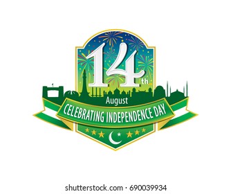 14th August Celebrating Independence Day Logo, Typographic emblems & badge with grey background, Vector illustration