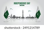 14th August - Happy Independence Day Pakistan Banner and Greeting Card. Pakistan Independence Day Celebration with Text and Pakistan Skyline Vector Illustration.