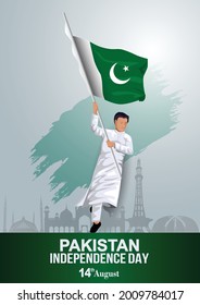 14th of august happy independence day Pakistan. vector illustration design of man running with flag. gray background	