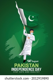 14th of august happy independence day pakistan. vector illustration of man running with flag. green background. corona virus covid-19 concept