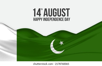 14th August Happy Independence Day Pakistan greeting design. Waving Pakistani flag made of satin or silk fabric. Vector Illustration.