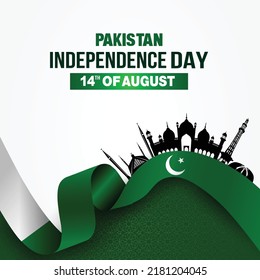 14th August happy independence day Pakistan with waving flag. vector illustration design 