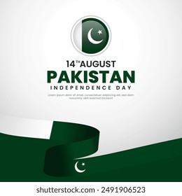 14th August happy independence day Pakistan with waving flag illustration design