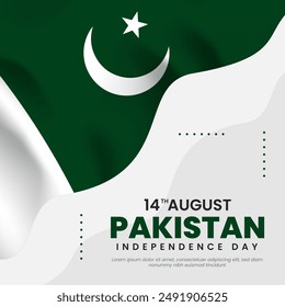 14th August happy independence day Pakistan with waving flag illustration design