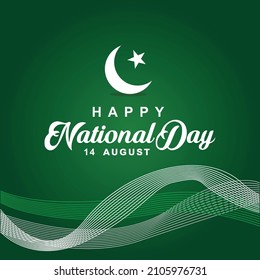 14th August, Happy National day for Pakistan with line art at bottom, in horizontal form on green gradient background