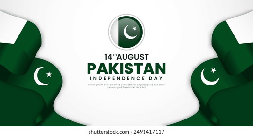 14Th of august happy pakistan independence day. Vector template for banner, greeting card, poster of pakistan independence day celebration. Waving pakistan flag.