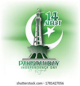 14th August independence day of Pakistan with waving flag and monuments 