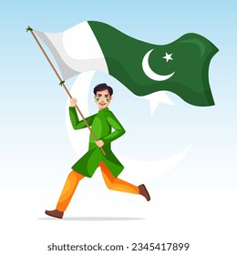 14th August of Independence Day of Pakistan, holiday and boy with Pakistan flag vector design.