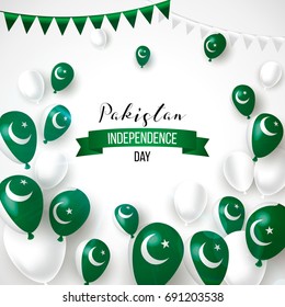 14th August. Pakistan Happy Independence Day greeting card. Waving pakistanian flag and balloons with cinfetti, ribbon isolated on white background. Patriotic Symbolic background Vector illustration