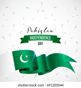 14th August. Pakistan Happy Independence Day greeting card. Waving pakistanian flag and balloons with cinfetti, ribbon isolated on white background. Patriotic Symbolic background Vector illustration