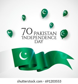 14th August. Pakistan Happy Independence Day greeting card. Waving pakistanian flag and balloons with cinfetti, ribbon isolated on white background. Patriotic Symbolic background Vector illustration