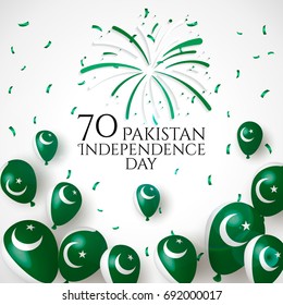 14th August. Pakistan Happy Independence Day greeting card. Waving pakistanian flag and balloons with confetti, ribbon isolated on white background. Patriotic Symbolic background Vector illustration