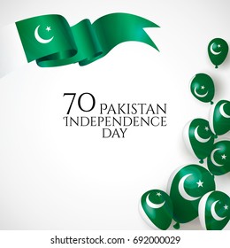 14th August. Pakistan Happy Independence Day greeting card. Waving pakistanian flag and balloons with confetti, ribbon isolated on white background. Patriotic Symbolic background Vector illustration