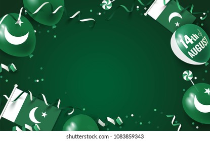 14th of August. Pakistan independence day celebration background with balloons, flag and confetti. Festive border flat lay. Vector illustration