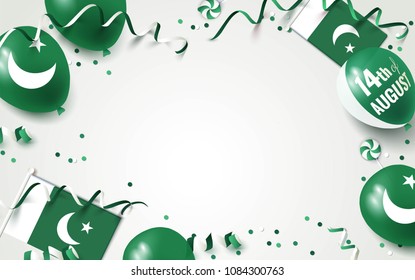 14th of August. Pakistan independence day celebration background with balloons, flag and confetti. Festive border flat lay. Vector illustration