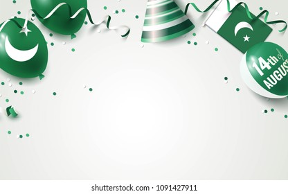 14th of August. Pakistan independence day celebration background with balloons, flag and confetti. Festive border flat lay. Vector illustration